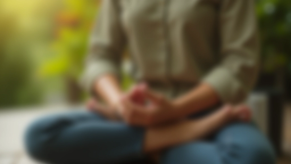 Close-up of hands in meditation mudra position on lap, showing peaceful meditation posture