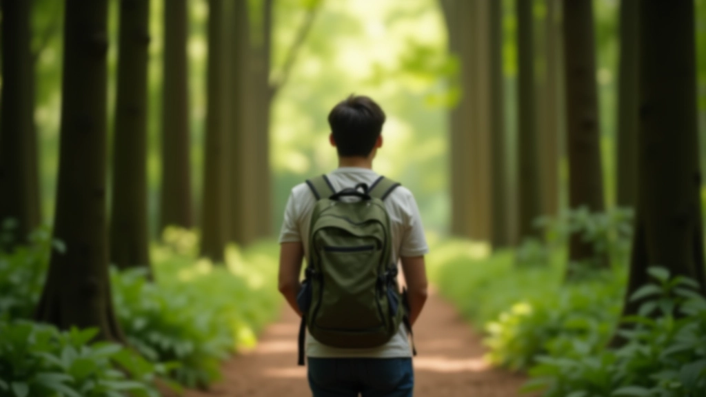 Person walking barefoot on forest path surrounded by tall trees and dappled sunlight