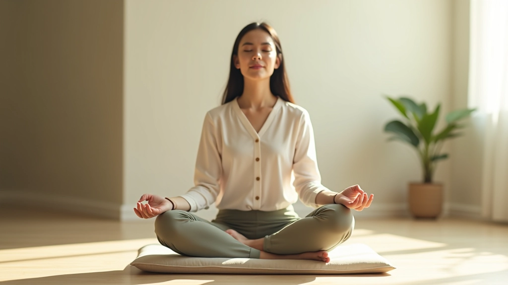 Person sitting peacefully on meditation cushion in serene home setting with soft natural light