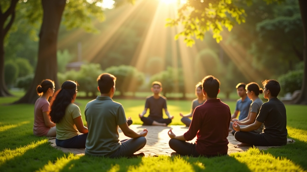 Group of people participating in guided meditation session in garden setting